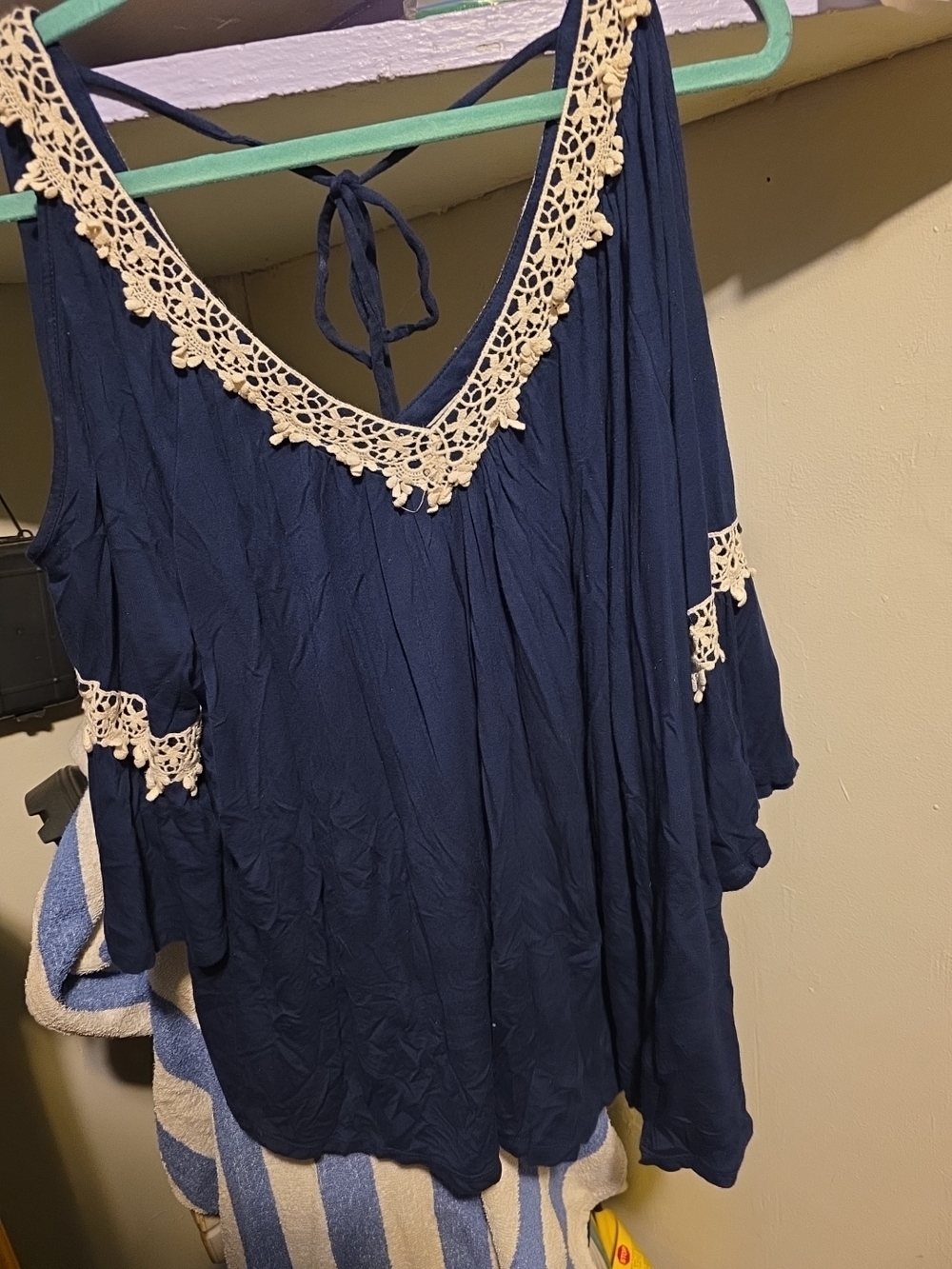 Collection B Navy Cold-Shoulder Tunic with Cream Crochet Trim
